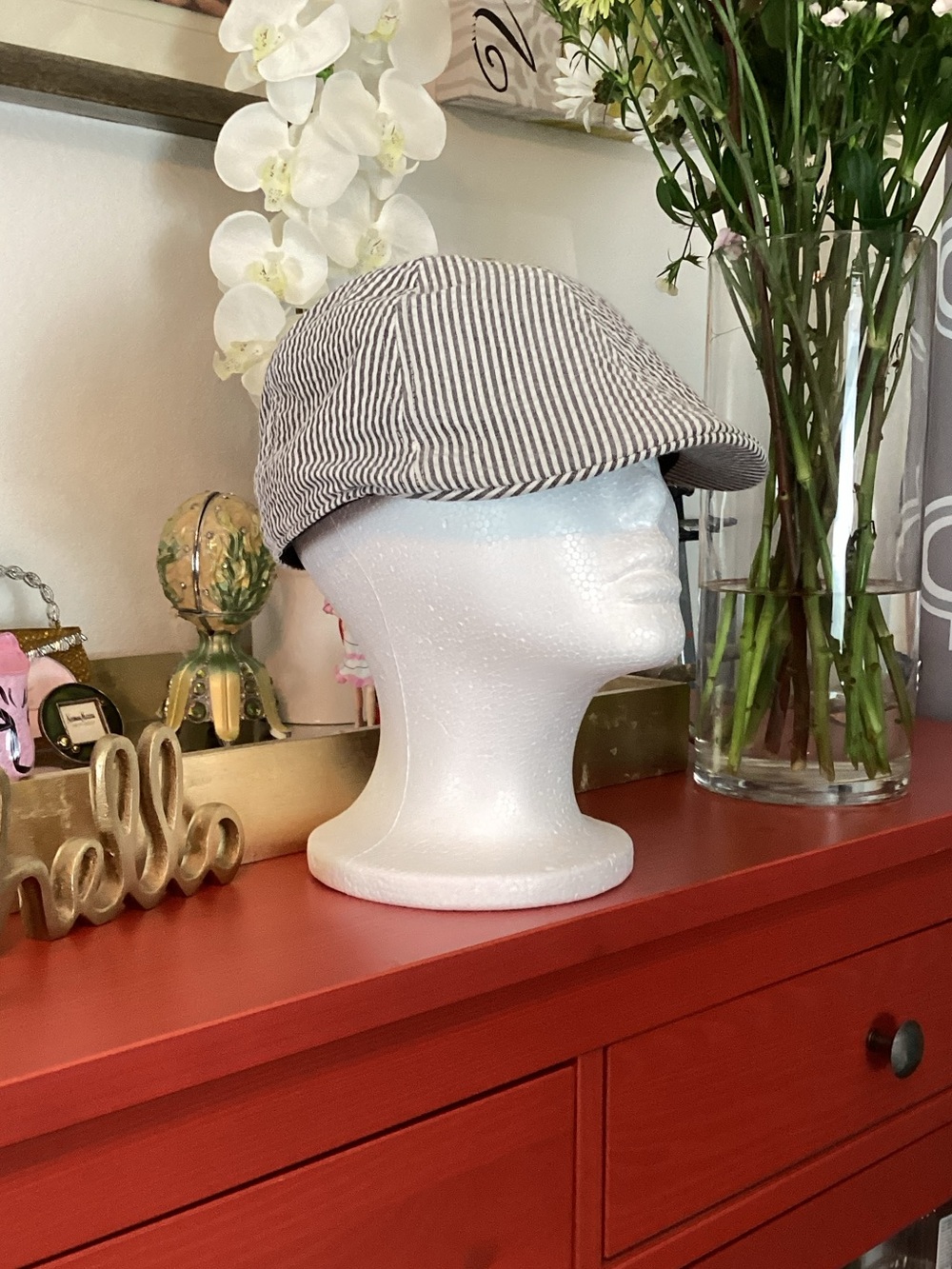 J. Crew  Seersucker Gray/White Newsboy Cap